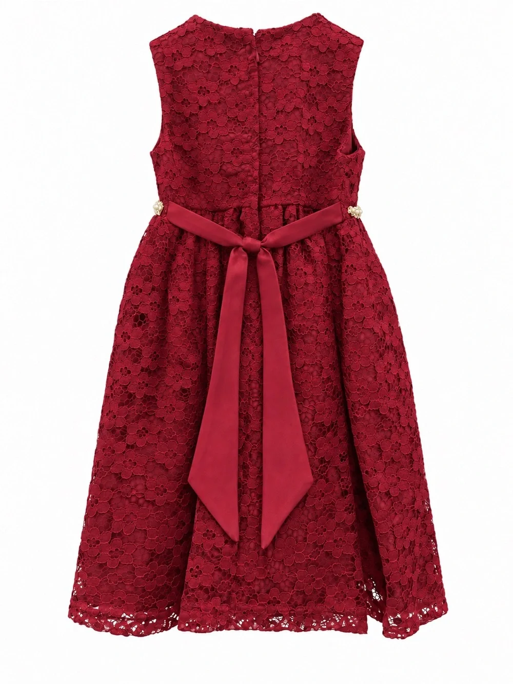 American Princess Burgundy Lace Formal Dress with Pearl Flower Belt